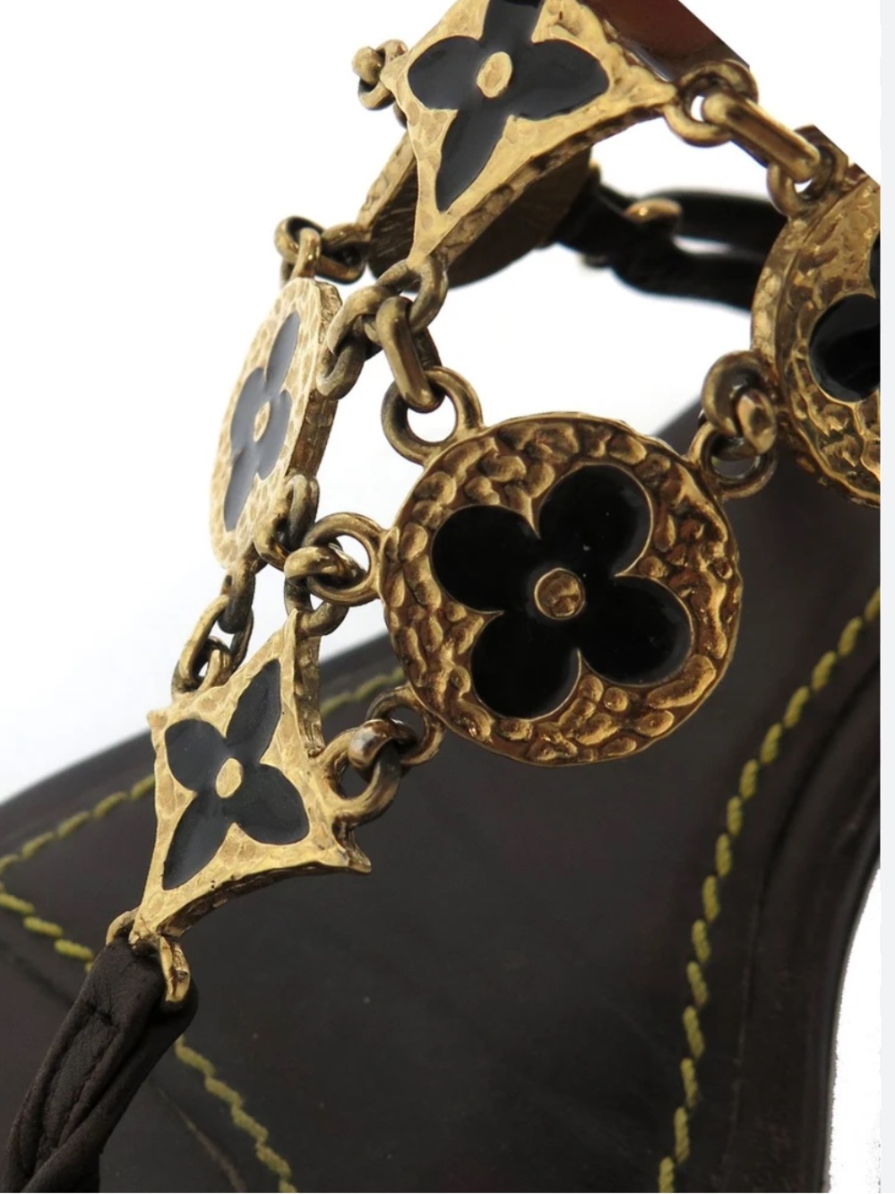 Louis Vuitton Y2K Vintage Brown Leather Gold Coin Quatrefoil Thong Sandals 37.5 - Picture 2 of 11